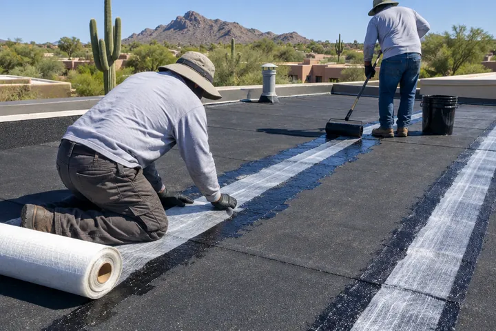 Modified bitumen roof seams reinforced before coating