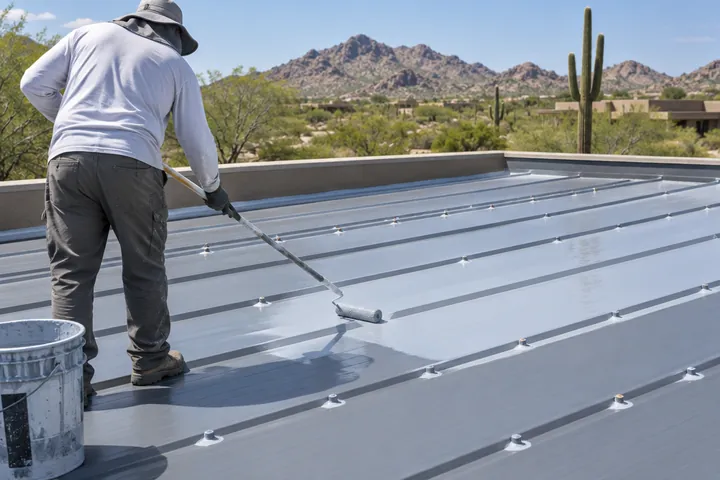 Low-slope metal roof with sealed fasteners being coated