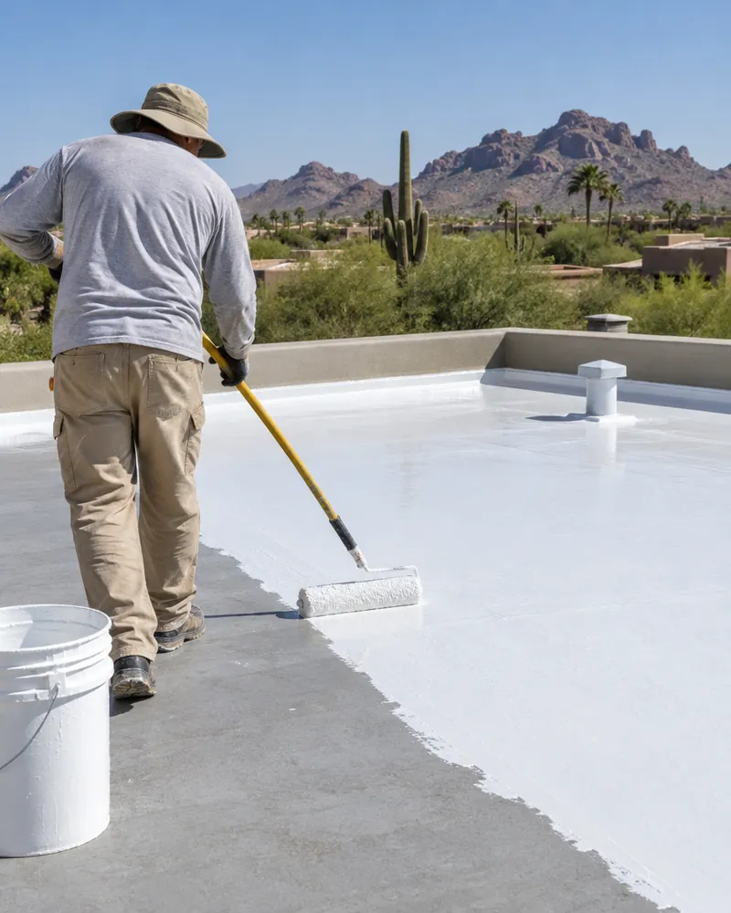 Roller applying elastomeric coating over a flat roof surface