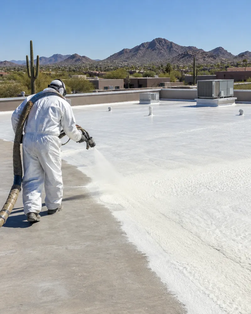 Spray foam being applied across a large flat commercial roof in Scottsdale