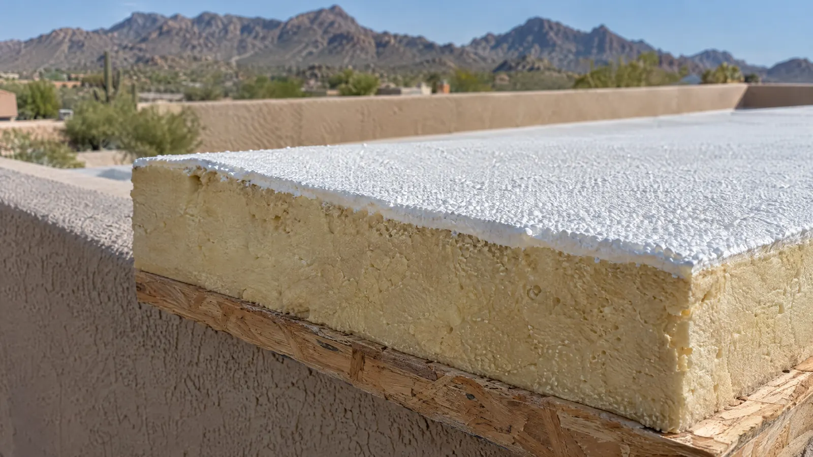 Cutaway of a spray polyurethane foam roof showing the wood deck, the rigid foam layer and the white protective coating on top