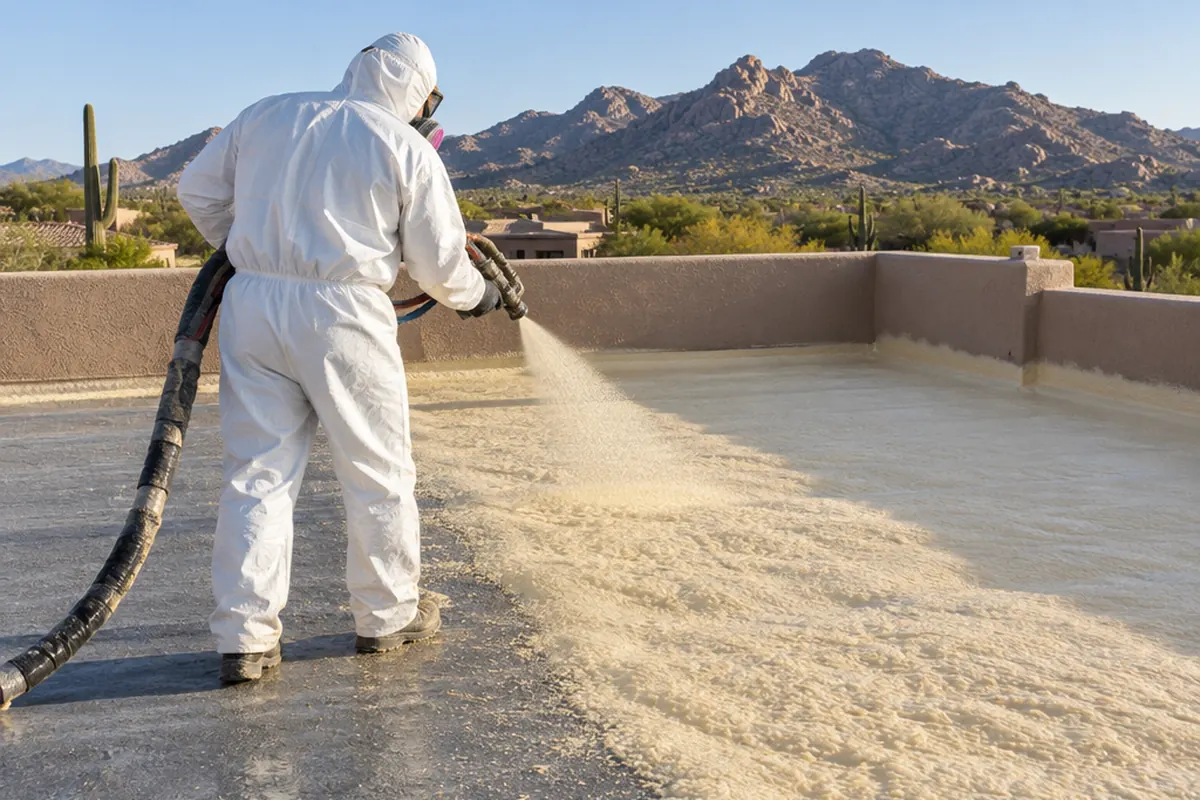 Roofer in a protective suit spraying polyurethane foam across a flat Scottsdale roof