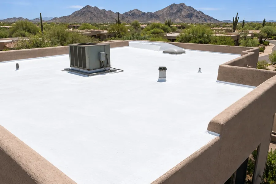 The same flat roof after repairs and a new white coating