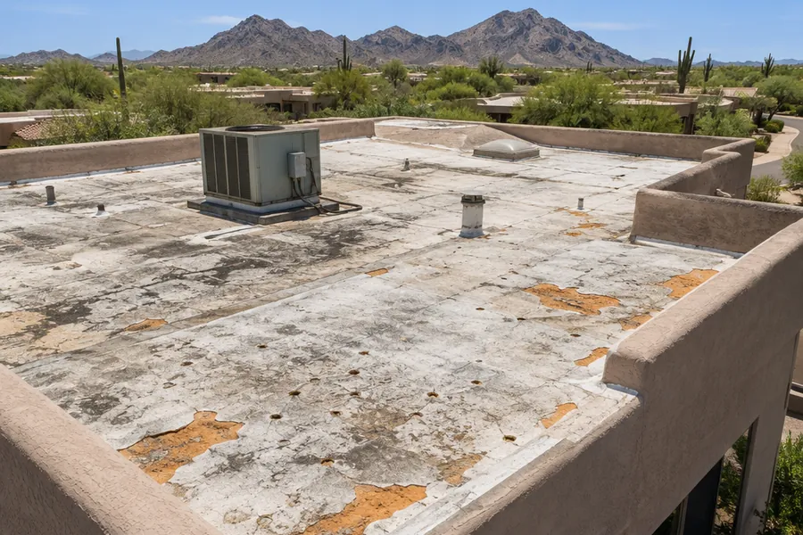 Worn flat foam roof with faded coating and exposed foam on a Scottsdale home