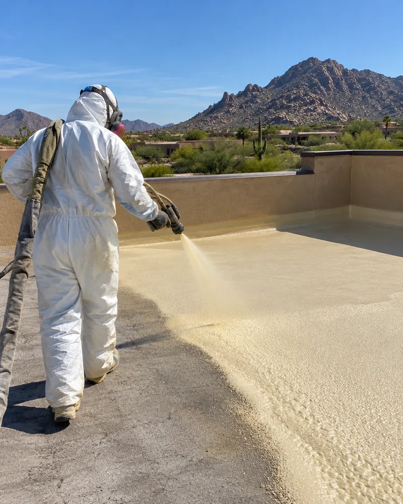 Roofer in protective gear spraying a smooth layer of foam across a flat Scottsdale roof