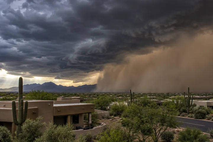 Monsoon storm clouds moving over flat-roofed desert homes