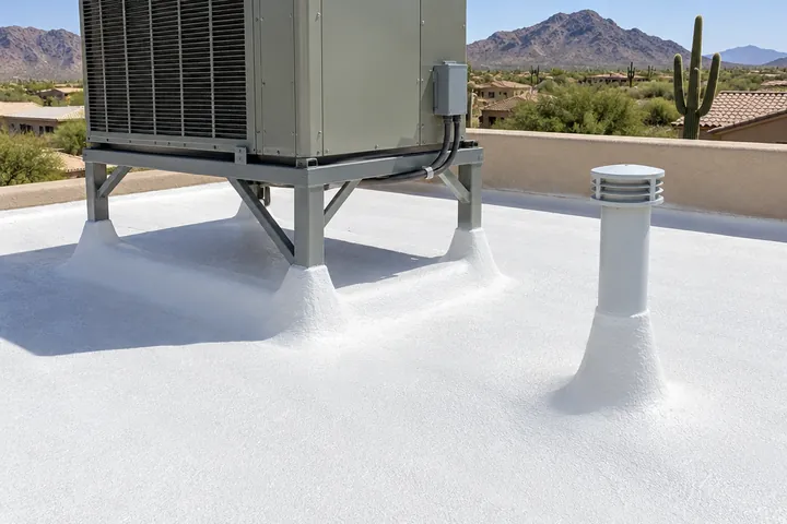 Seamless foam roof sprayed around the base of an AC stand and a vent pipe