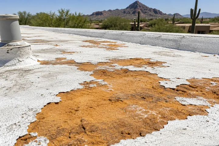Worn coating on a flat foam roof with weathered foam showing through in patches