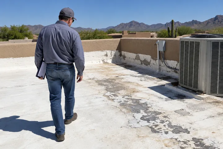 Roofer walking a weathered foam roof with a clipboard during an inspection