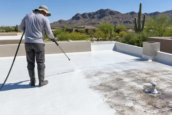 Foam roof being pressure washed before a recoat