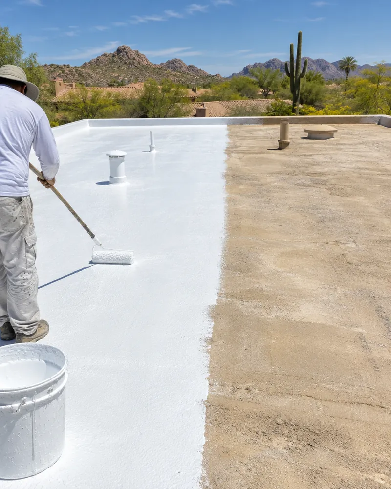 Half of a foam roof freshly recoated in white next to the worn tan section