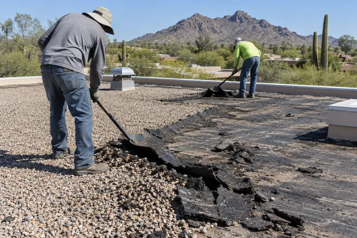 Gravel and tar layers being scraped off a flat roof
