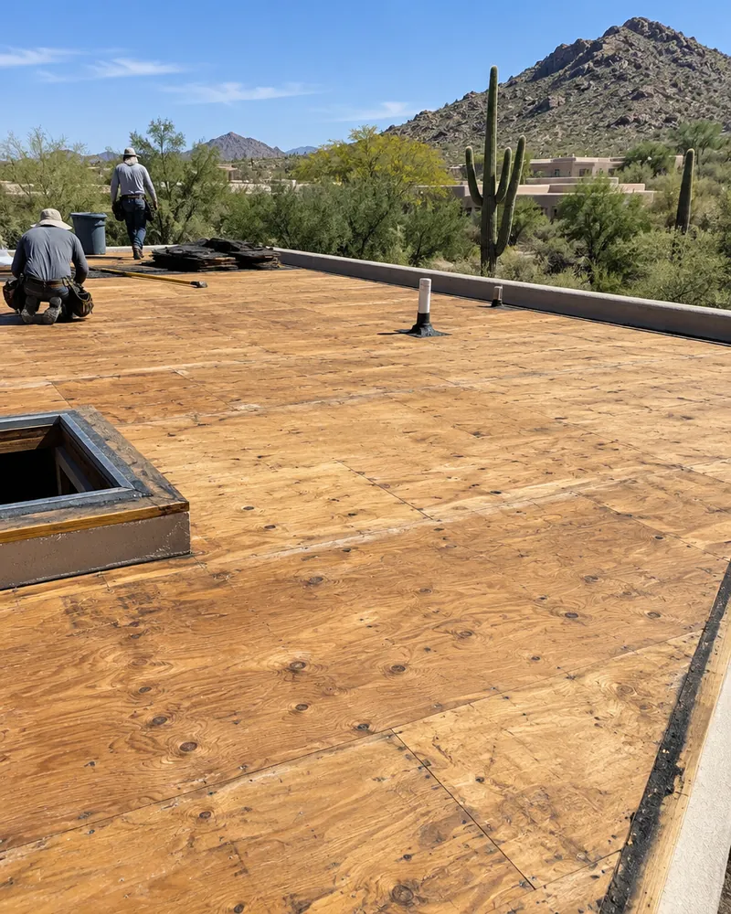Wood roof deck exposed after a tear-off, ready for new foam