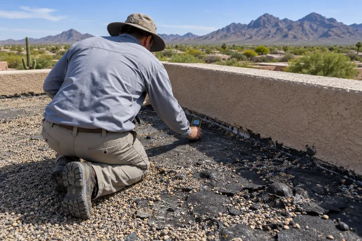 Inspector checking an old tar and gravel flat roof with a moisture meter