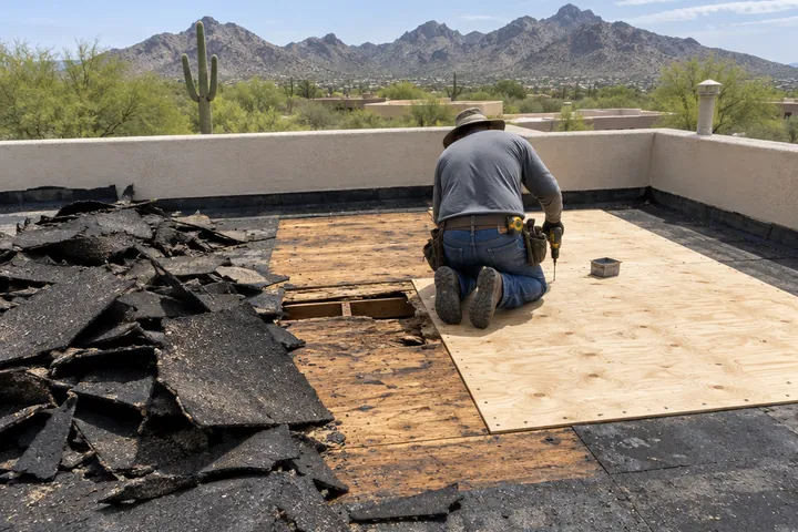 Old flat roof torn off to the deck with new plywood replacing damaged sheathing