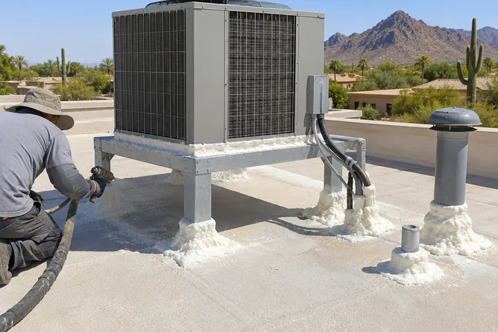 Foam sprayed tight around a rooftop AC unit stand and roof penetrations