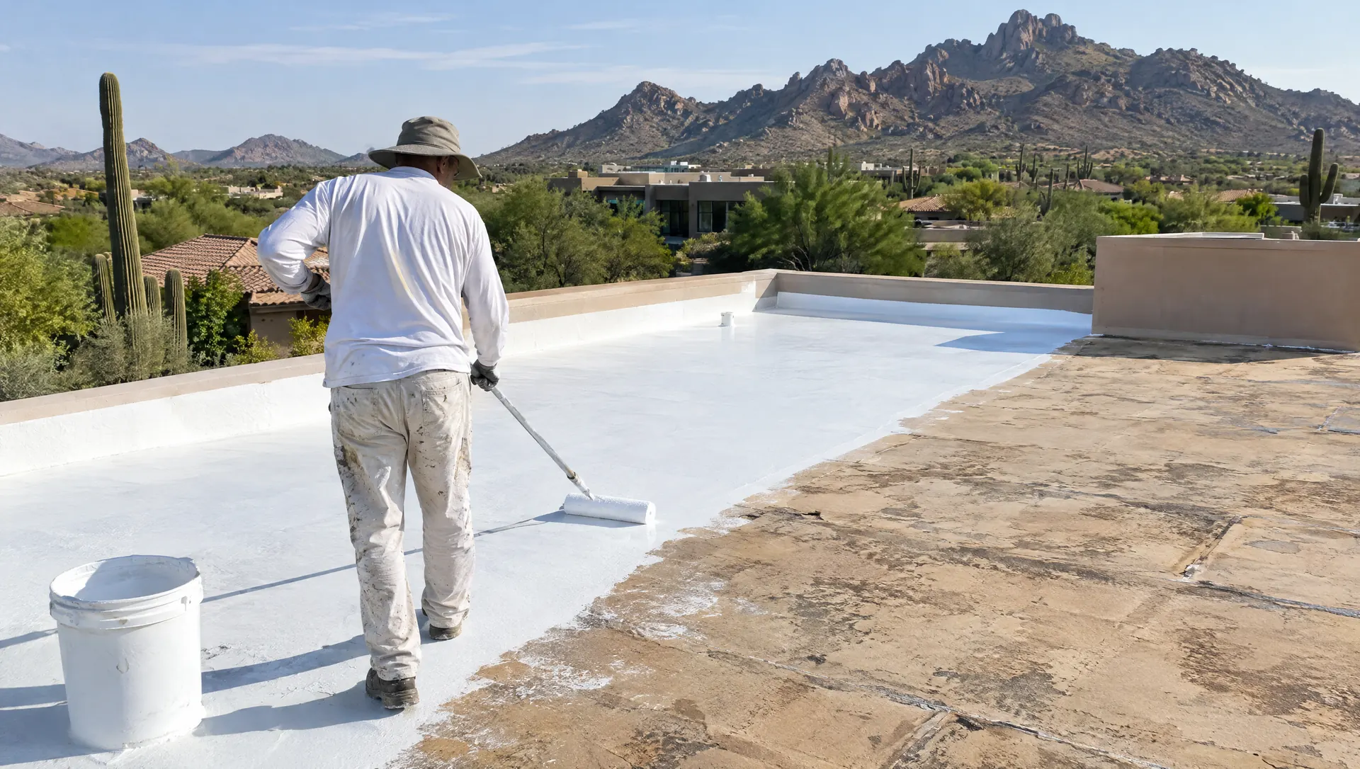 Worker rolling a fresh white recoat over a weathered tan foam roof in Scottsdale