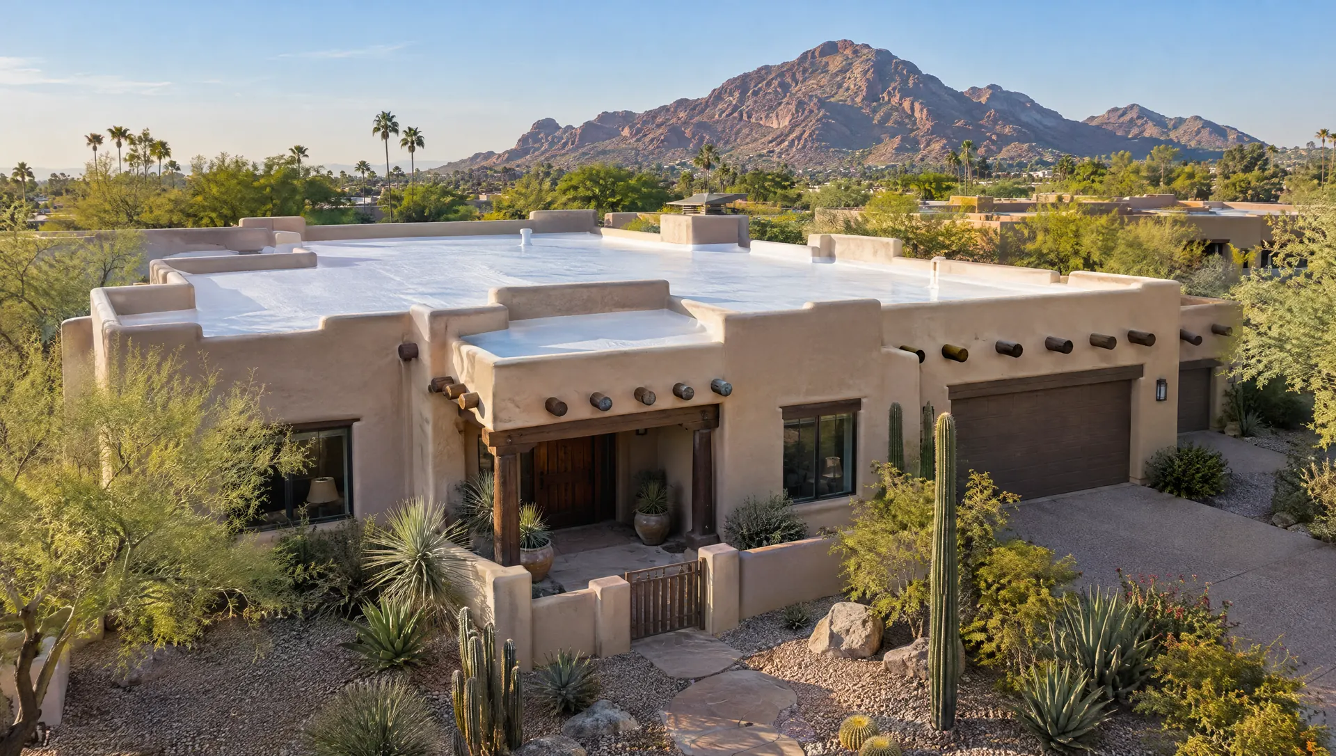 Pueblo Revival stucco home in Scottsdale with a new white-coated flat foam roof behind its parapets